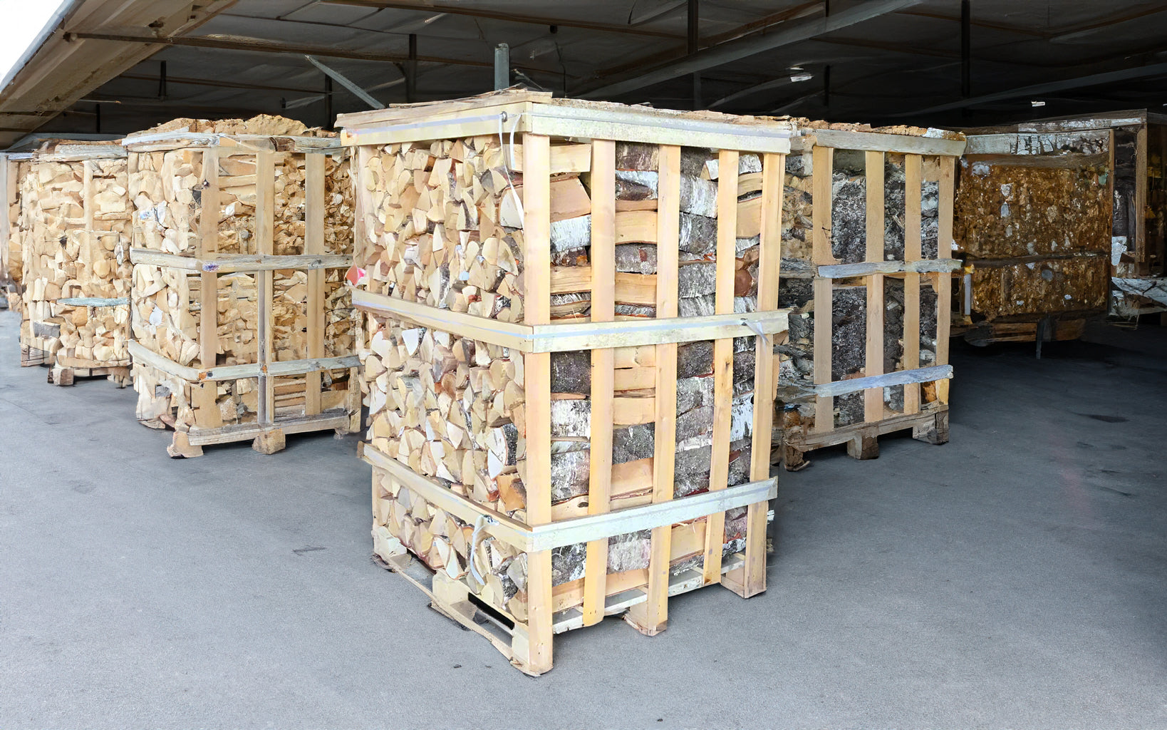 Grande cassa contenente tronchi di betulla essiccati in forno, spessi 25 cm, su un pallet da 1,6 metri cubi.