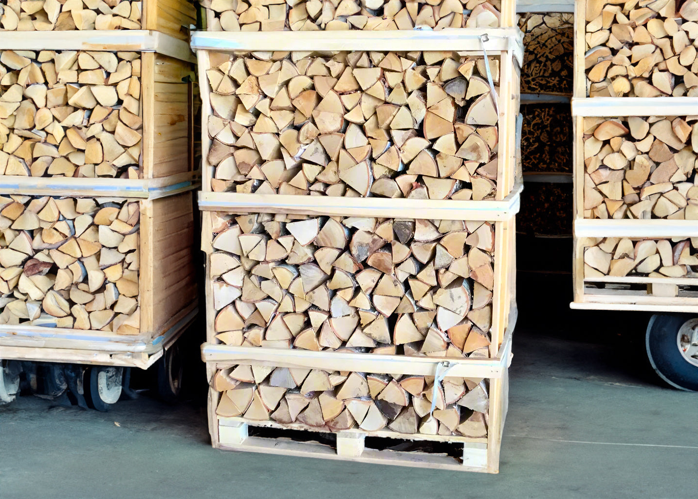 Grande cassa contenente tronchi di betulla essiccati in forno, spessi 25 cm, su un pallet da 1,6 metri cubi.